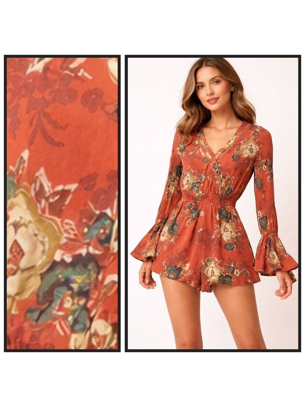 blu pepper Women's Long Sleeve Floral Print Romper Small - Picture 2 of 5